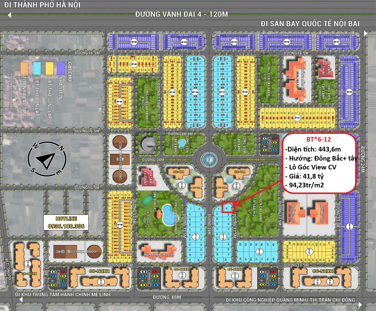 Bán lô góc biệt thự đơn lập HUD Mê Linh 443m² vị trí vàng, view công viên